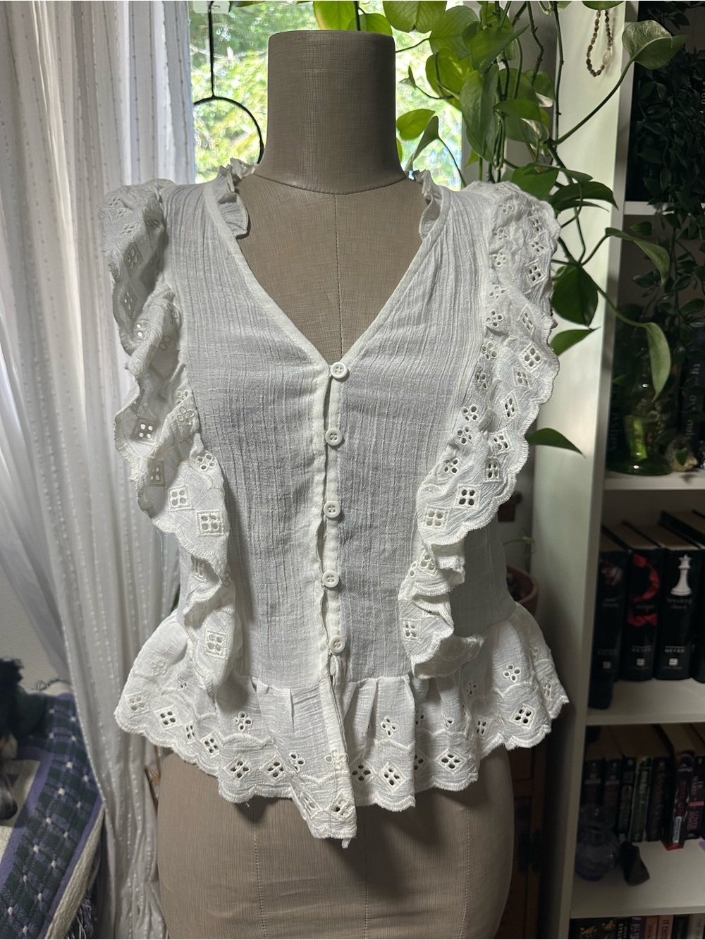 Rebellion White Eyelet Ruffle Button-Front Blouse